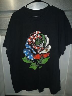 Mexican American Rose Flag Black Graphic Tee with Red, White & Blue Rose Print